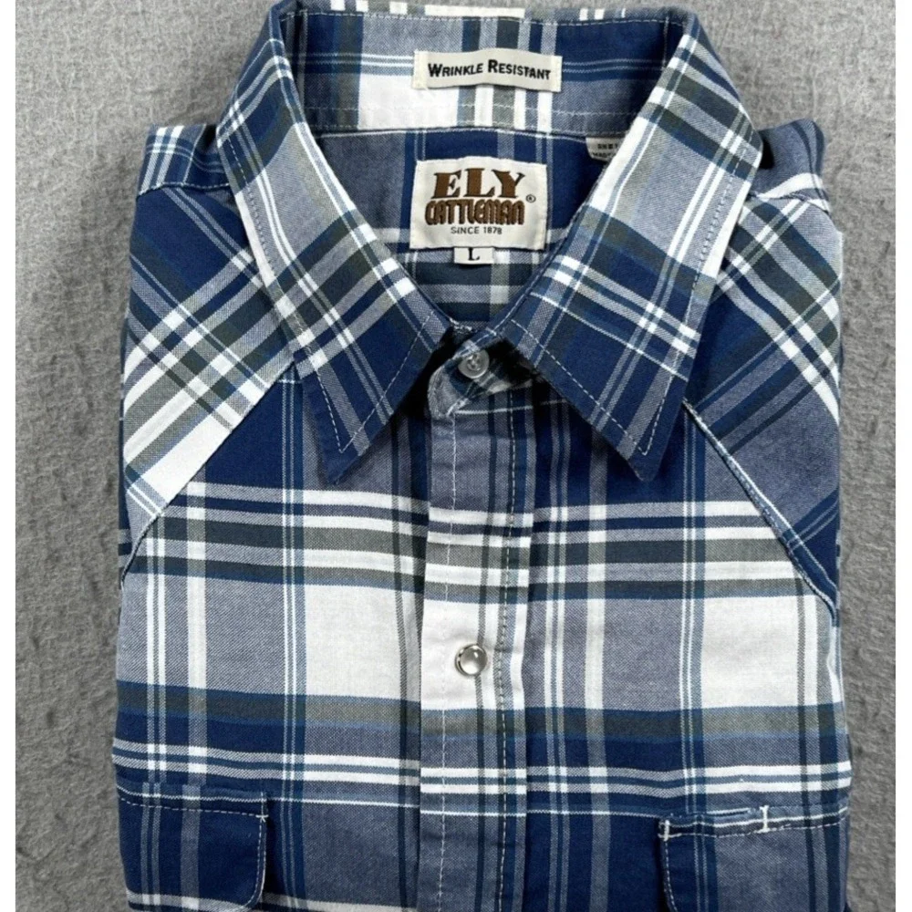 Ely Cattleman Pearl Snap Shirt Mens Large Blue Plaid Wrinkle Resistant